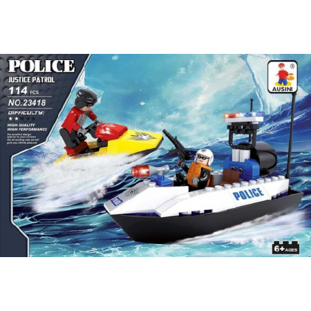 AUSINI Stavebnice POLICEJNÍ člun a skútr 114 dílků + 2 figurky s doplňky plast